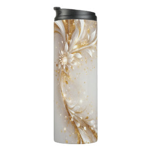 Garrafa Térmica Tumbler Dourado Floral Branco