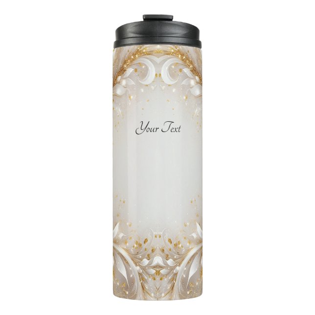 Garrafa Térmica Tumbler Dourado Floral Branco (Frente)