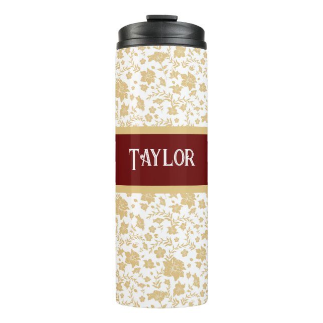 Garrafa Térmica Tumbler Dourado Floral de Fundo Branco (Frente)