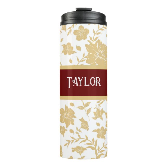 Garrafa Térmica Tumbler Dourado Floral de Fundo Branco (Frente)