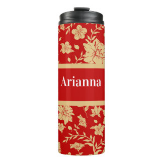Garrafa Térmica Tumbler Dourado Floral Vermelho Personalizado