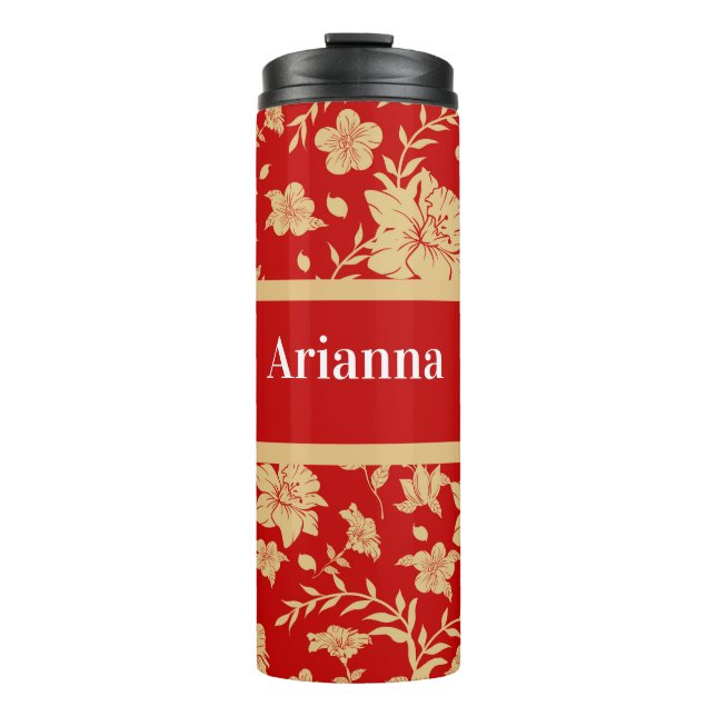 Garrafa Térmica Tumbler Dourado Floral Vermelho Personalizado (Frente)