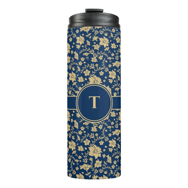 Garrafa Térmica Tumbler Floral do Marinho Dourado Personalizado (Frente)