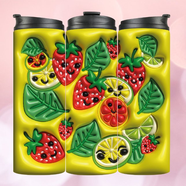 Garrafa Térmica Tumbler Inflado 3D - Frutas Felizes em Amarelo (Criador carregado)
