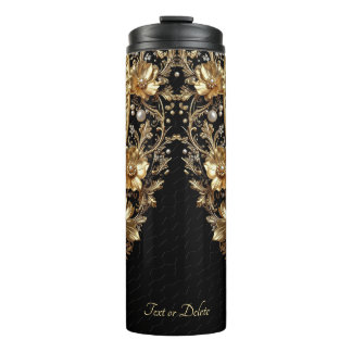 Garrafa Térmica Tumbler Térmico com Flores Douradas Ornamentadas