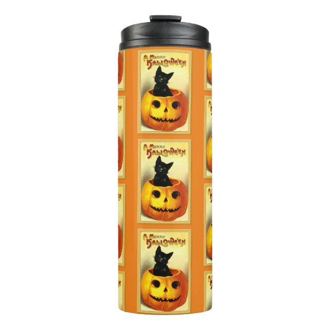 Garrafa Térmica Tumbler Térmico de Gato Preto das Halloween (Frente)