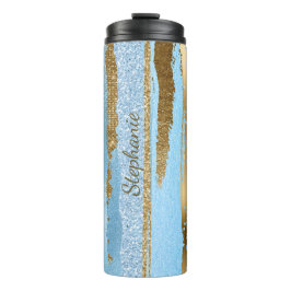 Garrafa Térmica Tumbler Térmico de Glitter Azul e Dourado