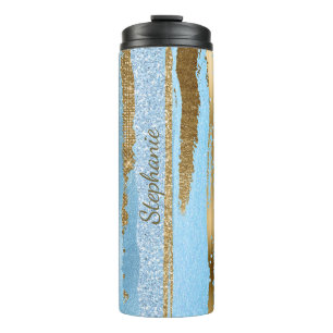 Garrafa Térmica Tumbler Térmico de Glitter Azul e Dourado