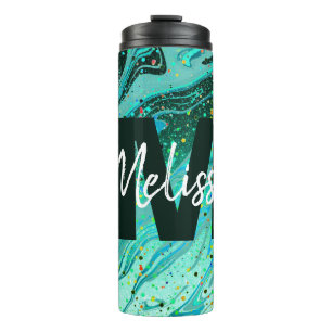 Garrafa Térmica Tumbler Térmico de Mármore com Brilho Azul-Piscina