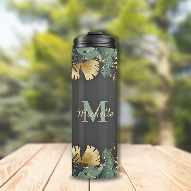 Garrafa Térmica Tumbler Térmico de Monograma de Folhas Tropicais (Tropical Leaves Jungle Botanical Gold Glitter Splatter Personalized Initial Monogram & Script Name)