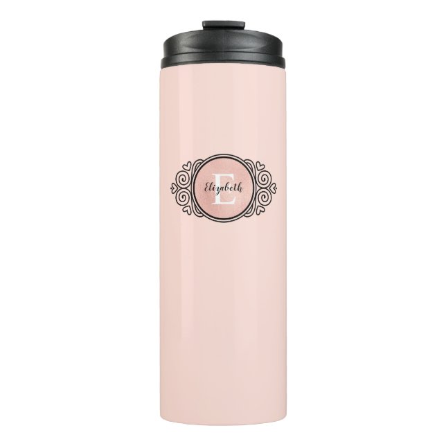 Garrafa Térmica Tumbler Térmico do Monograma Dourado Rosa Chic (Frente)