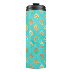 Garrafa Térmica Turquesa e Pavão Dourado