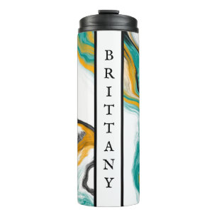 Garrafa Térmica Turquesa personalizada, Dourada, Arte Marble Fluid