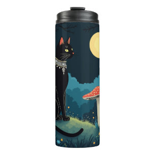 Garrafa Térmica Um Gato Preto Familiar e Cogumelos Halloween 1