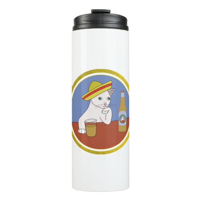 Garrafa Térmica Um gato Vestindo um Sombrero e um Bebendo (Frente)