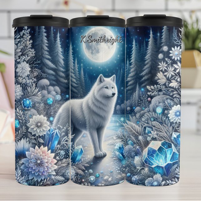 Garrafa Térmica Um Lobo Místico numa Floresta Cristal (Criador carregado)