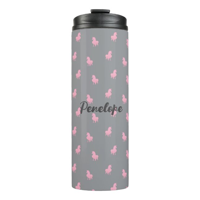 Garrafa Térmica Unicórnio Rosa Invisível sobre Cinzas (Frente)