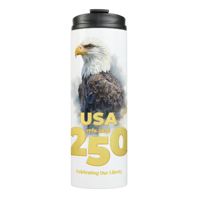 Garrafa Térmica USA 250: Watercolor Bald Eagle & Gold (Frente)