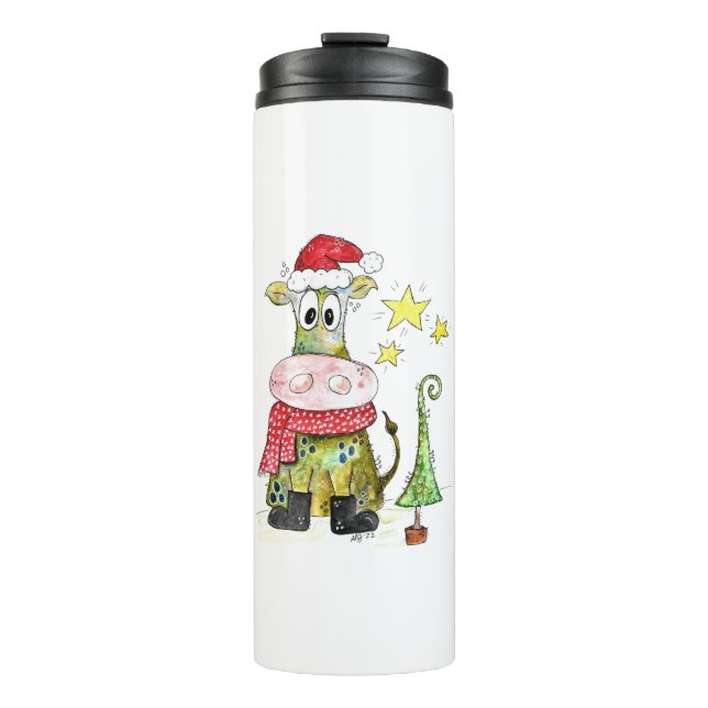 Garrafa Térmica Vaca branca de Natal (Frente)