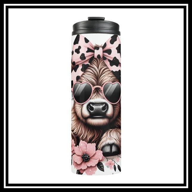 Garrafa Térmica Vaca das Terras Altas Preta e Rosa (Cute Highland Cow Travel Tumbler With Pink And Black Bow And Sunshades)