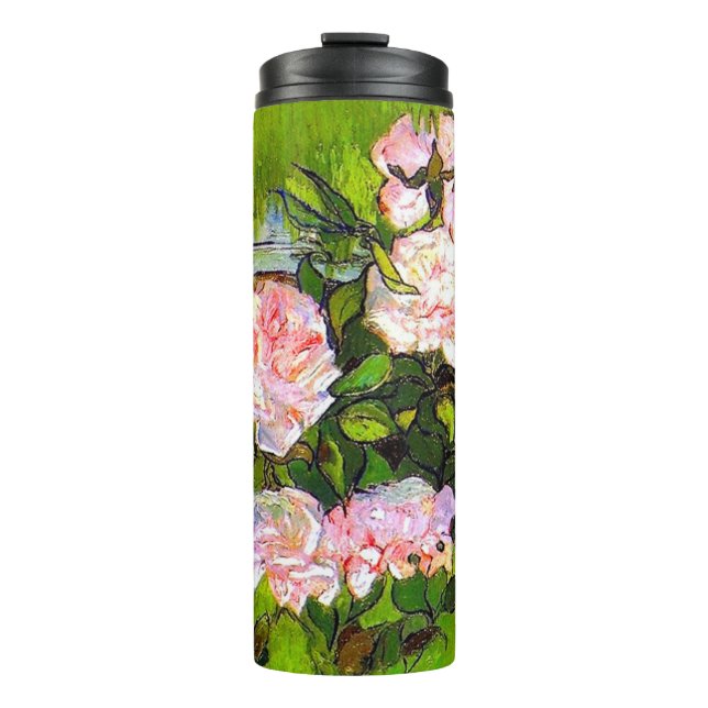 Garrafa Térmica Van Gogh ainda vive com rosas rosa (Frente)
