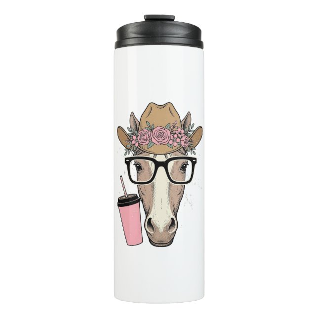 Garrafa Térmica Vaqueira Antiga Cavalo Com Flores e Bebida Rosa (Frente)