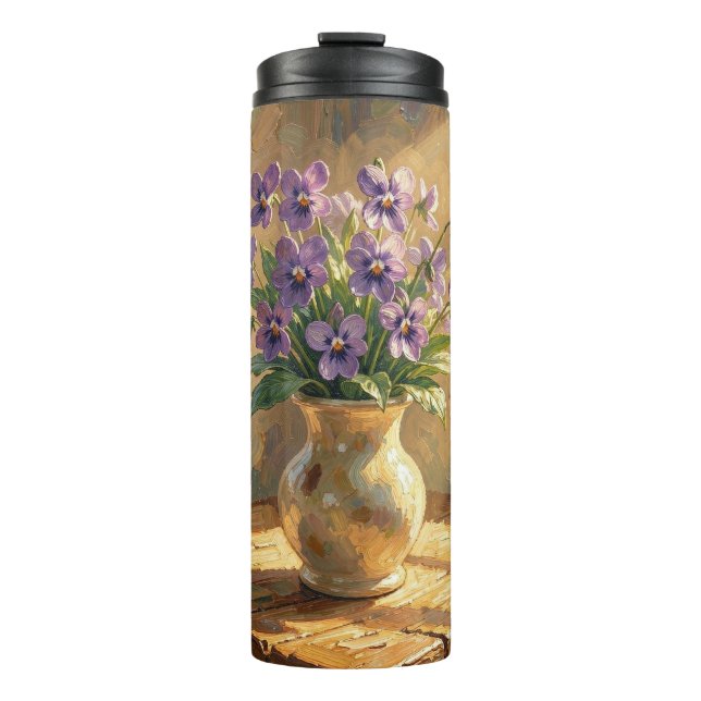 Garrafa Térmica Vaso de Violetas Roxas Impasto (Frente)