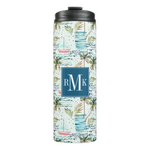 Garrafa Térmica Veleiro da aguarela com teste padrão da palmeira