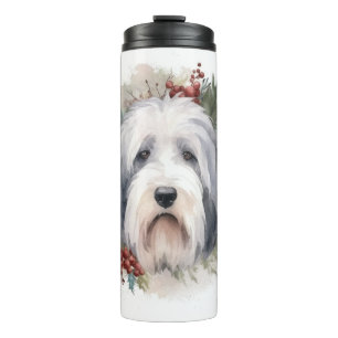 Garrafa Térmica Velha Inglês Sheepdog Christmas Wreath Festivo Pup