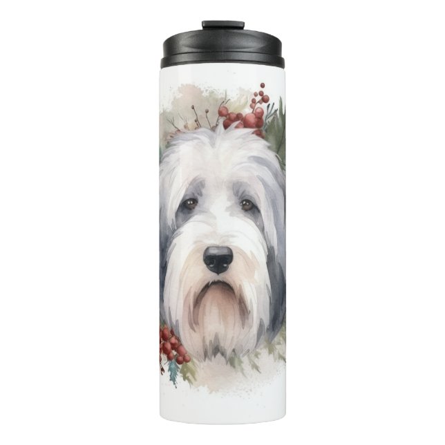 Garrafa Térmica Velha Inglês Sheepdog Christmas Wreath Festivo Pup (Frente)