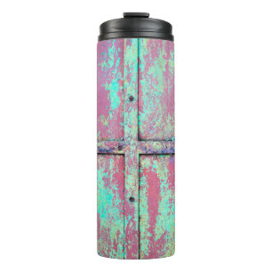 Garrafa Térmica Velho muro verde pintado com textura de ferrugem.