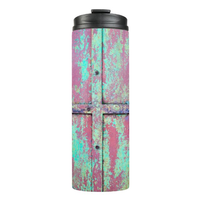 Garrafa Térmica Velho muro verde pintado com textura de ferrugem.  (Frente)