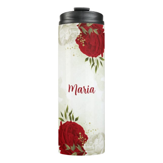 Garrafa Térmica Verde floral branco vermelho (Frente)