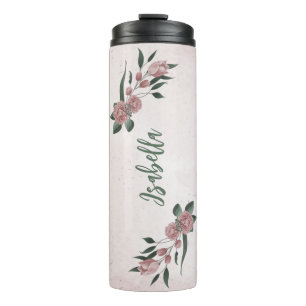 Garrafa Térmica verde-flores rosa romântica
