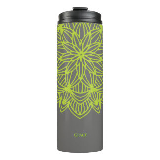 Garrafa Térmica Verde limão Mandala Cinza Personalizada Elegante
