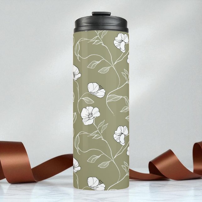 Garrafa Térmica Verde-oliva Botânica Mínimo Floral Branco (Minimalist Floral White Botanical Olive Green Thermal Tumbler)