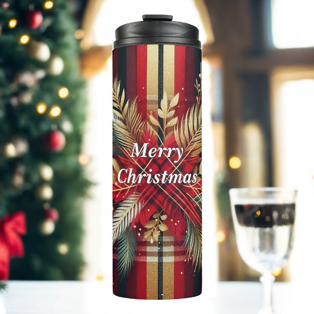 Garrafa Térmica Vermelho Elegante e Xadrez festiva Dourada (Criador carregado)