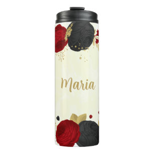 Garrafa Térmica vermelho preto & floral dourado