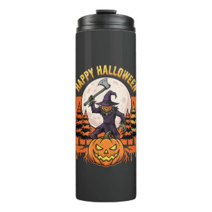 Garrafa Térmica Vetor de Espantalho de Abóbora de Halloween Feliz