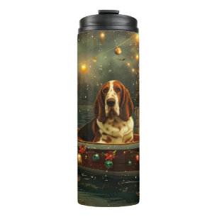 Garrafa Térmica Viagem Festiva de Natal do Basset Hound