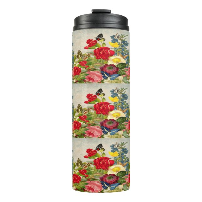 Garrafa Térmica Vintage Flowers Butterfly Padrão Thermal Tumbler (Frente)
