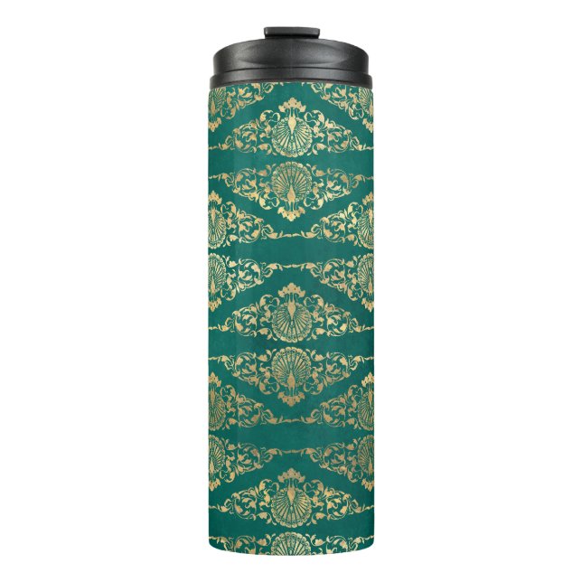 Garrafa Térmica Vintage Grunge Teal e Dourado Damask (Frente)