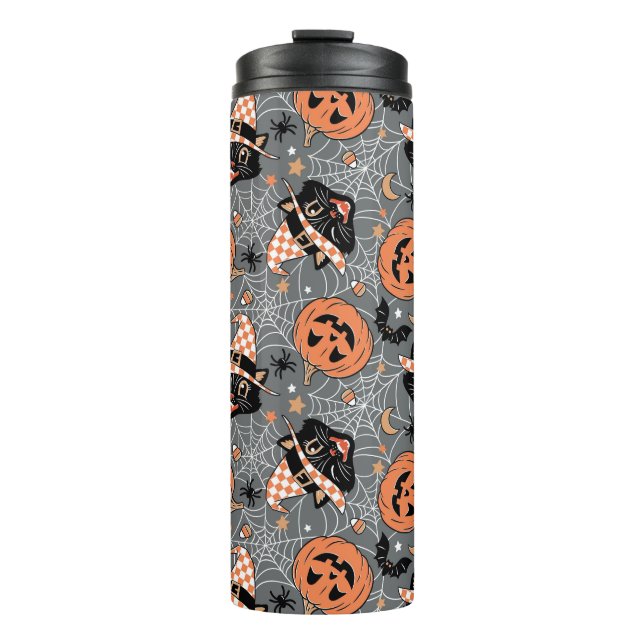 Garrafa Térmica Vintage Halloween Cats e Pumpkins Patterno (Frente)