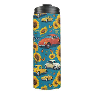 Garrafa Térmica Vintage Hippie Inseto Carros e Sunflower Teal