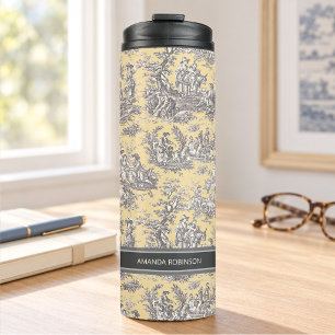 Garrafa Térmica Vintage Preto Amarelo Toile de Jouy Francês