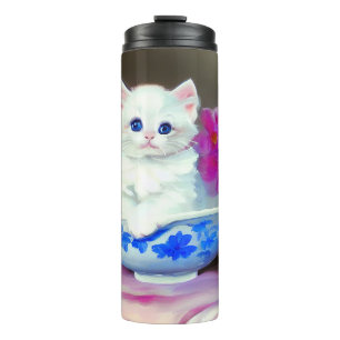 Garrafa Térmica Vintage White Kitten com Flores Rosa