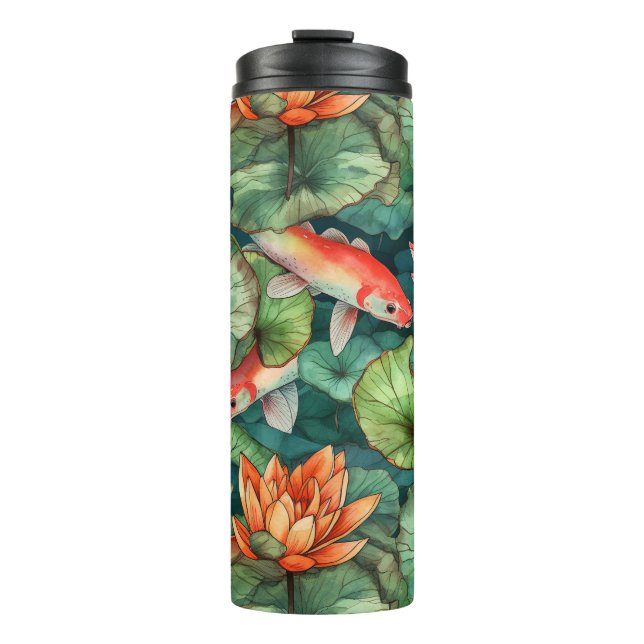 Garrafa Térmica Watercolor Koi e Água Lírios Tumbler (Frente)