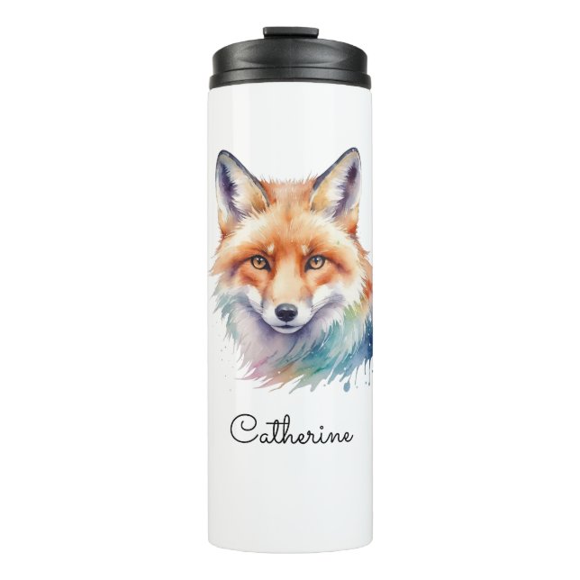 Garrafa Térmica Watercolor Red Fox Portrait Personalized Name (Frente)