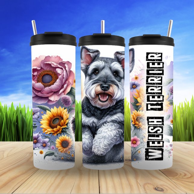 Garrafa Térmica Welsh Terrier em Ilustração Floral (Criador carregado)