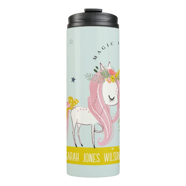 Garrafa Térmica Whimsical Magical Unicorn Pink Aqua Princess Kids (Frente)
